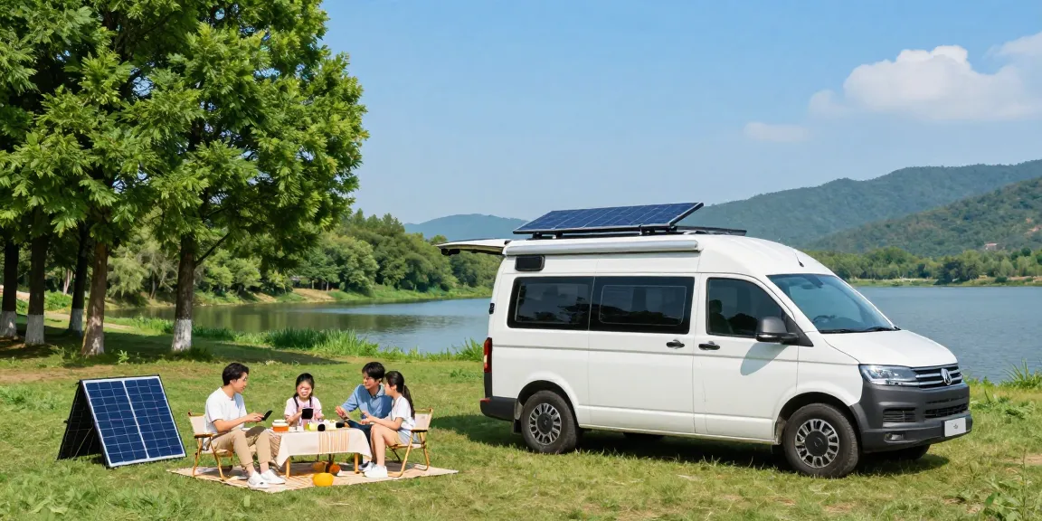 Family enjoying a picnic with Flexible Solar Panel on camper van in scenic nature.
