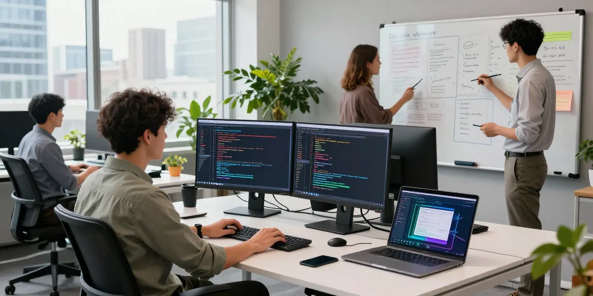 AI Product Engineering services showcased in a modern software development workspace with professionals collaborating on innovative technology solutions