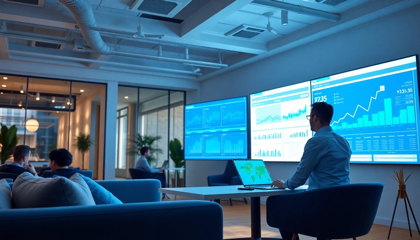 Using AI for competitor analysis in a modern office with graph displays and interactive data tools.