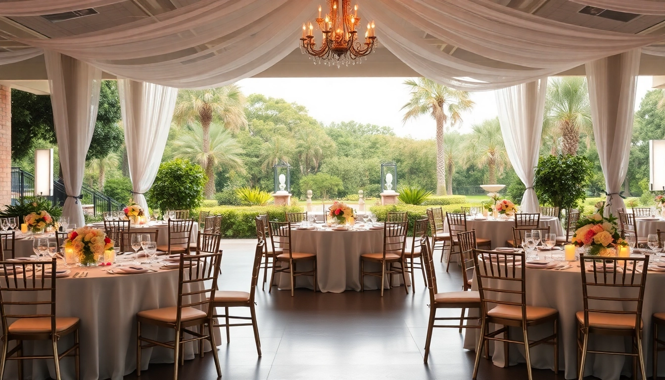Stunning wedding event space Jacksonville with elegant floral arrangements in peaceful garden setting.