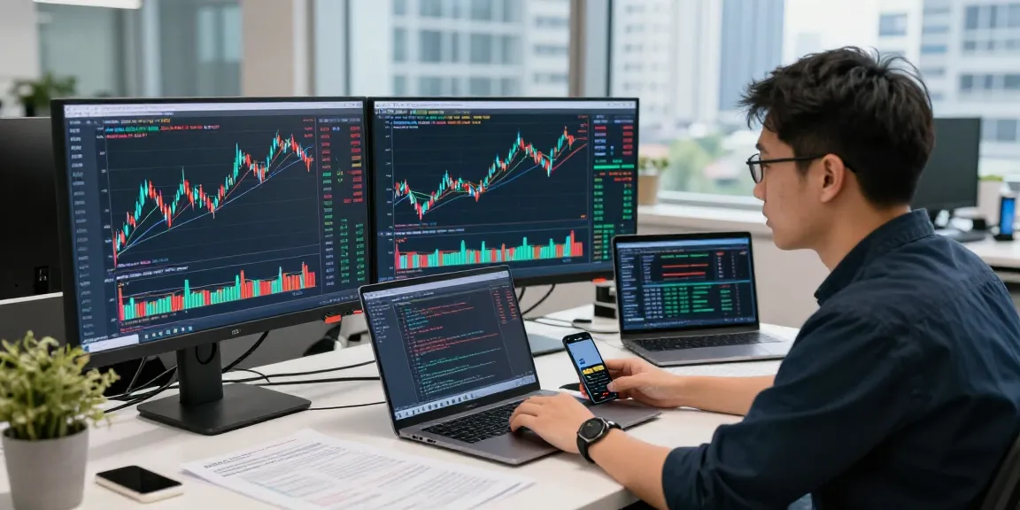 用于分析日股历史K线API的金融交易室，软件工程师专注于多屏幕的数据展示。