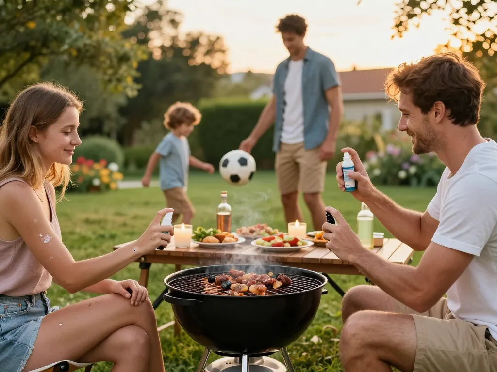 Family enjoying summer barbecue outdoors, applying mosquito repellent while kids play, bright atmosphere with citronella candles.
