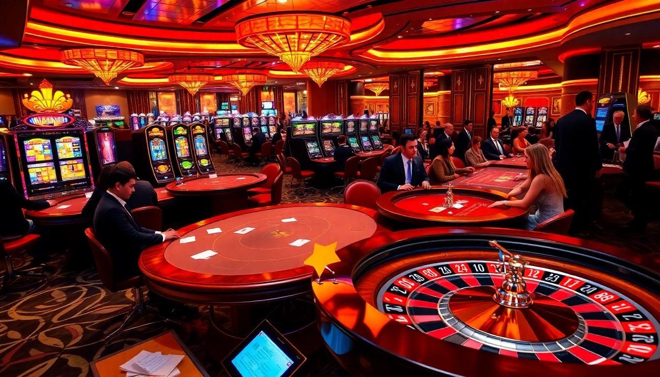 Une ambiance de casino animée mettant en avant le meilleur casino en ligne France avec des tables de jeux vibrantes et des joueurs engagés dans les paris.