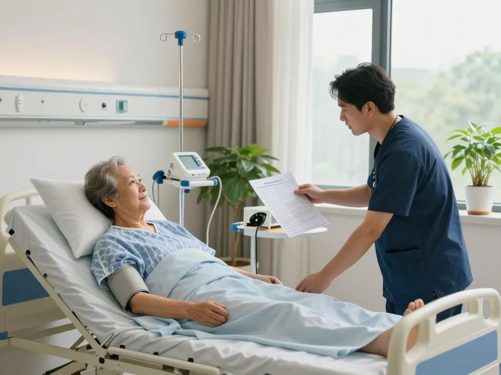 Modern giường bệnh nhân in a serene hospital room, highlighting patient care and medical professionalism.