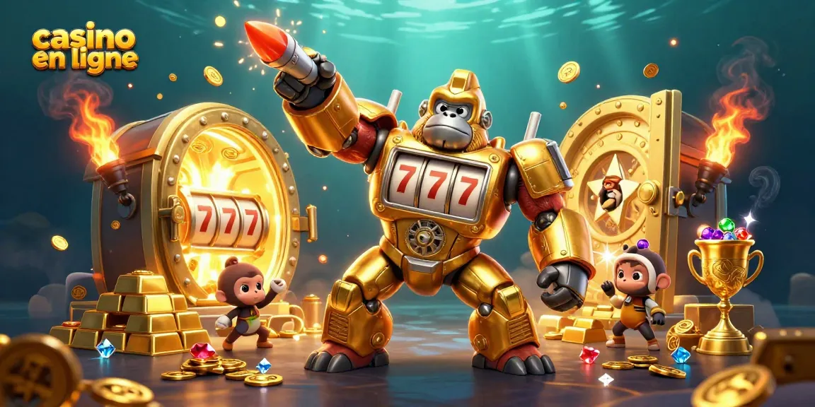 Jeux de casino en ligne créatifs avec un gorille doré mech transformateur et trésors éclatants.