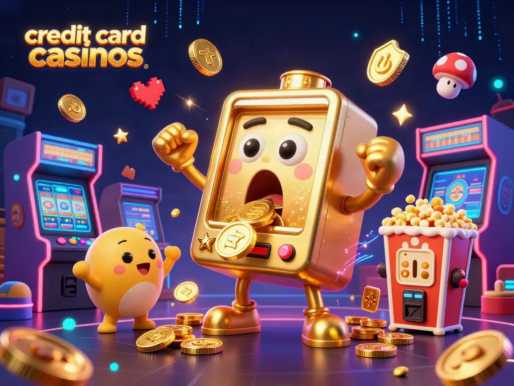 Engage with top credit card casinos through a thrilling scene of a golden slot machine hitting a jackpot.