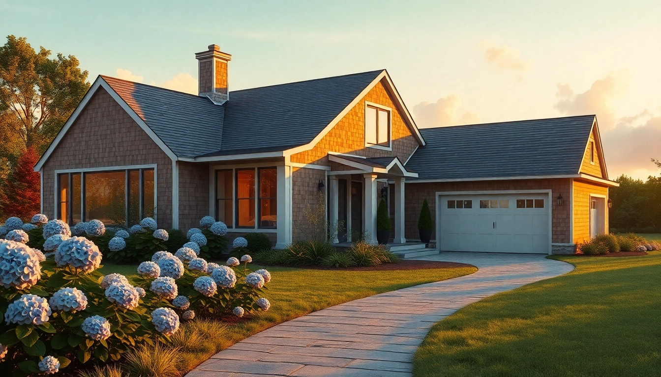 A stunning cape cod home addition with a modern garage surrounded by lush greenery.
