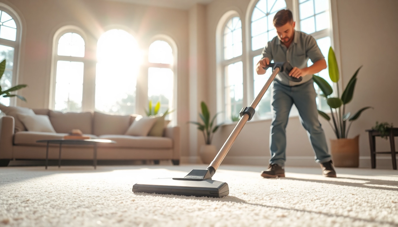 Showcase of the best carpet cleaning company in action with a technician handling cleaning equipment.