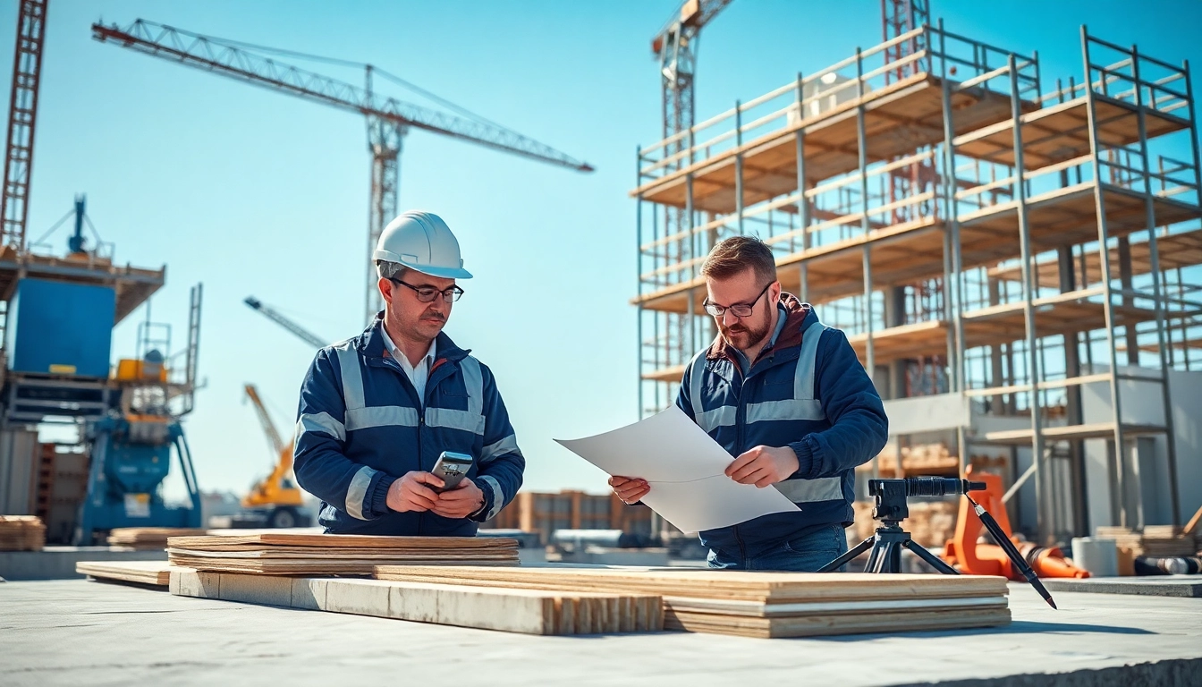 Engineers conducting construction assessment testing on building materials at a construction site.