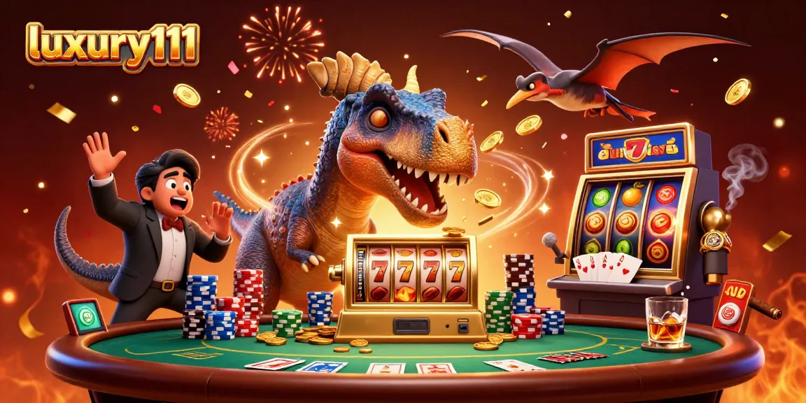 Experience exciting gameplay with luxury111 as a dinosaur heads for a jackpot win at a thrilling casino scene.