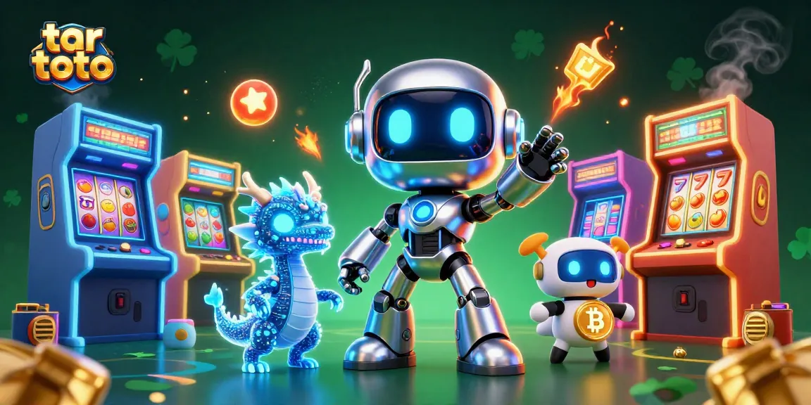 Experience high-stakes gaming with tar toto, featuring a cyberpunk robot and arcade games in a dynamic scene.