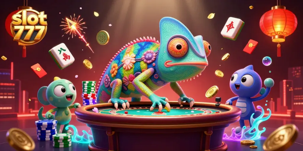 Menangkan jackpot dengan slot 777 saat chameleon kasino mengawasi meja roulette yang penuh warna.