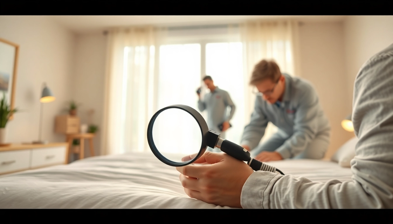 Local bed bug exterminators meticulously inspecting a bedroom for pests.