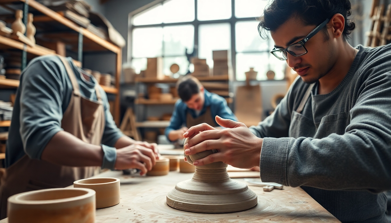 Craft training programs showcase artisans working with various materials in a vibrant workshop.
