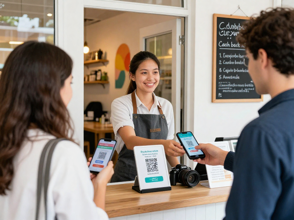 Engaging scene showcasing a small business using loyalty software with QR codes and happy customers interacting in a vibrant café setting