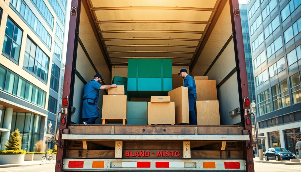 Efficient team of best Toronto Movers loading furniture into a truck in a bustling city.