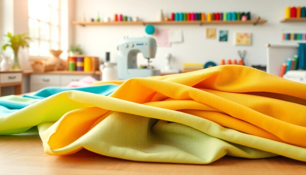 Katoen stoffen tonen in een levendige naaiwerkplaats met kleurrijke katoenstoffen.