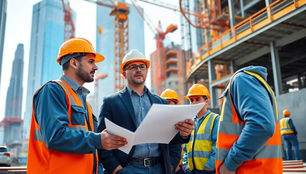 Manhattan Construction Manager overseeing construction project progress on-site, showcasing teamwork and leadership.