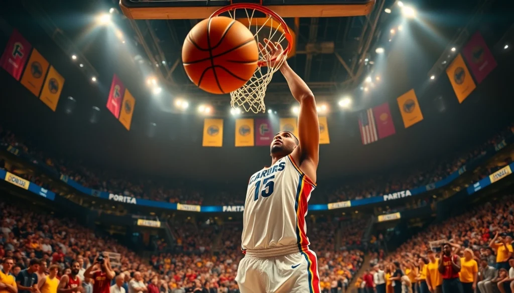 nba중계 경기를 생생하게 보여주며 덩크슛을 하는 농구 선수