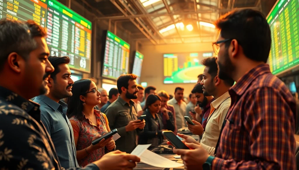 Engaged crowd comparing sports betting sites India on digital displays, capturing the excitement.