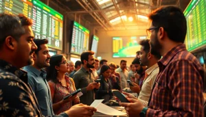 Engaged crowd comparing sports betting sites India on digital displays, capturing the excitement.