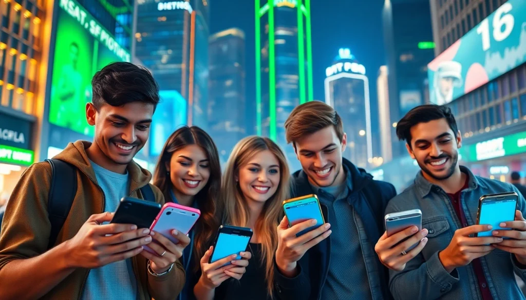 Savvy users engaging with sports betting sites India through their smartphones in a lively city.