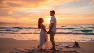 Couple sharing romantic excursions in Cabo during a sunset at a quaint beach.