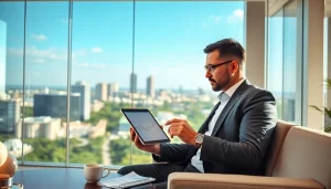 Showcasing investment management San Antonio with a financial advisor analyzing trends in a modern office setting.