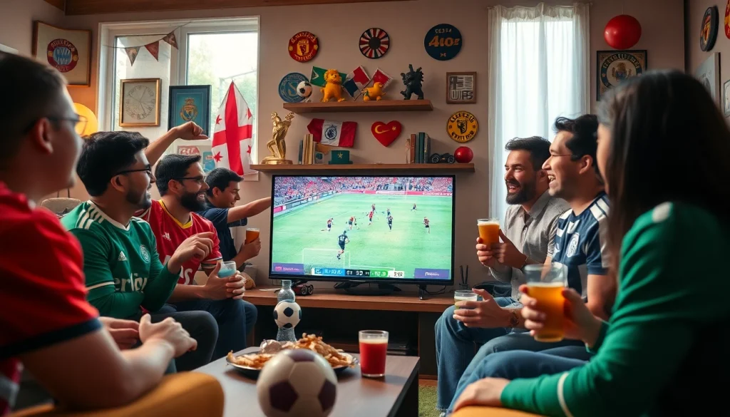 축구중계 장면을 즐기는 다양한 팬들이 모여 흥미로운 경기를 시청하는 모습