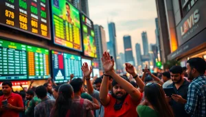 Engaged fans celebrating their wins at sports betting sites India with a vibrant city backdrop.