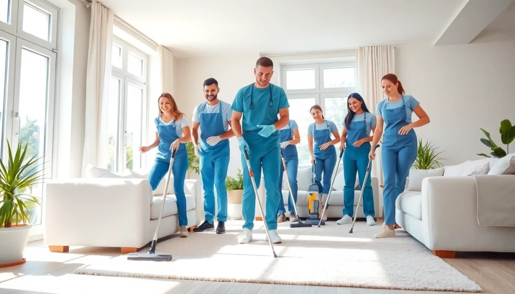 Individuals providing a Cleaning Service in a modern living room, showcasing their professional tools and techniques.