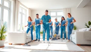 Individuals providing a Cleaning Service in a modern living room, showcasing their professional tools and techniques.