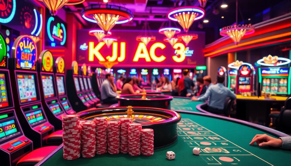A lively gambling scene featuring KJC AC 3 with slot machines, poker tables, and dice rolling, embodying the excitement of the casino.