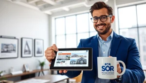 Real Estate agent showcasing property listings on a digital tablet in a modern office setting.