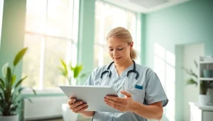 Health expert reviewing patient data in a serene clinic environment.
