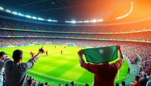 축구중계 중인 현대 경기장에서 열정적인 관중과 선수들이 있는 모습입니다.