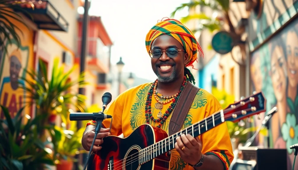 Leroy Silver performing with vibrant reggae instruments in a colorful Jamaican setting.