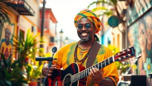 Leroy Silver performing with vibrant reggae instruments in a colorful Jamaican setting.