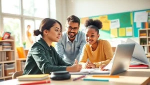 Education session with an engaging teacher and diverse students in a bright classroom environment.