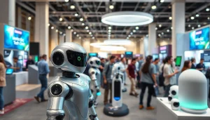 Showcasing technology devices at an exhibition demonstrating modern innovations and advancements.