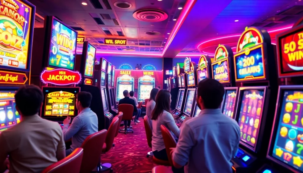 Dynamic online gaming scene showcasing hoki138 pro, with vibrant slot machines and celebratory visuals.