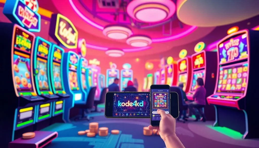 Experience the excitement of Kode4d slot games in a vibrant casino setup with colorful machines and digital displays.