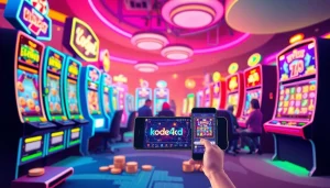 Experience the excitement of Kode4d slot games in a vibrant casino setup with colorful machines and digital displays.