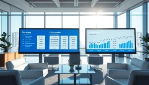 Compare competitor pricing in a modern office setting with digital screens.