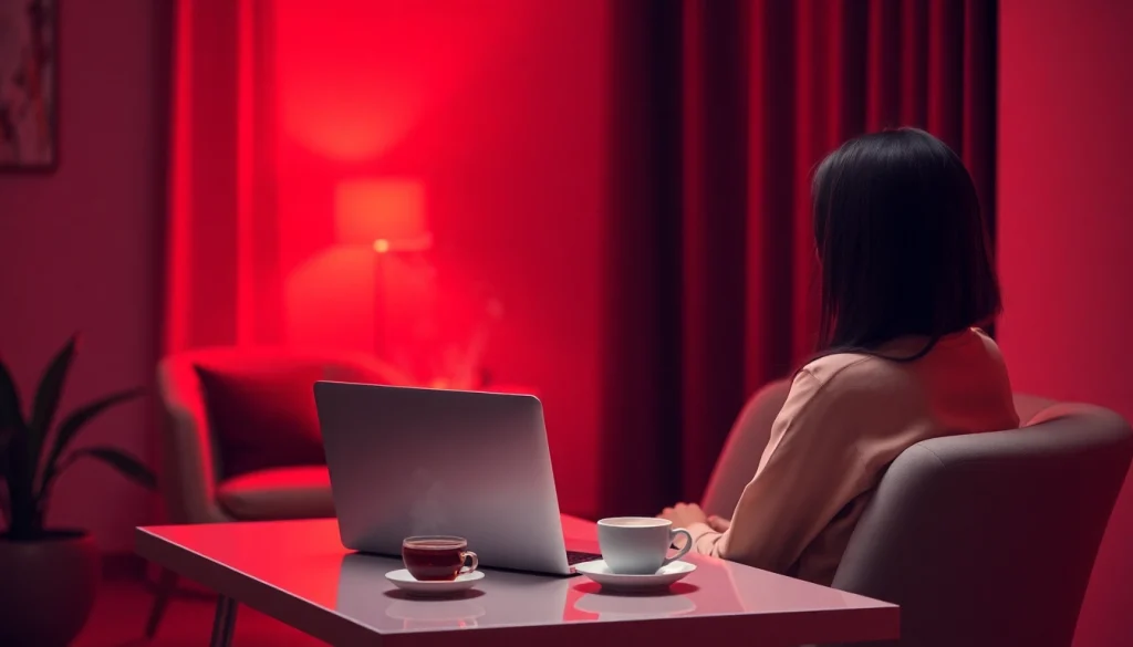 Engaging conversation scene featuring a user chatting with an AI in a cozy setting focused on sex ai chat.