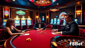 Players betting at an F8Bet-themed casino table, surrounded by luxury decor and gaming equipment.