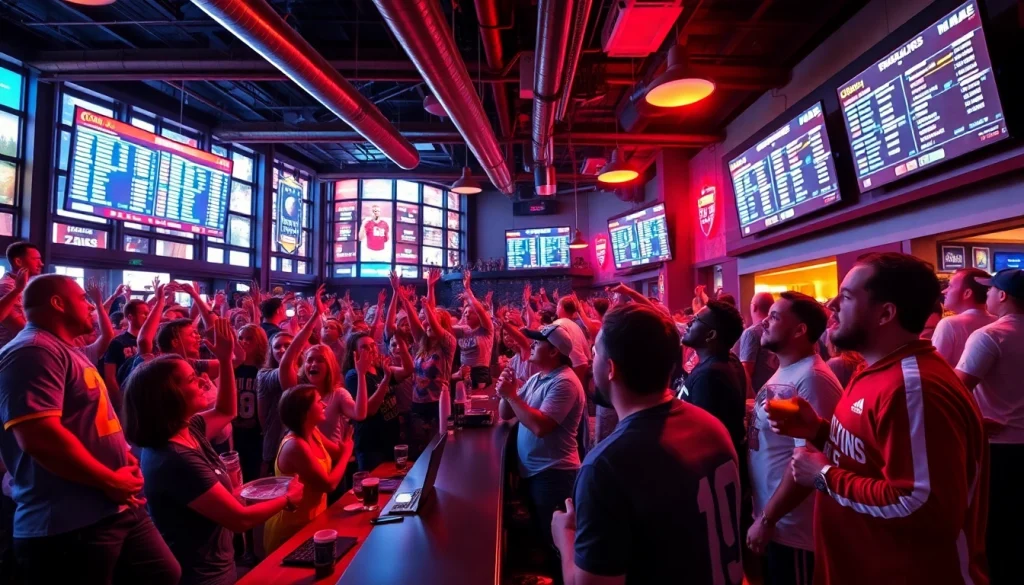 Engaged fans enjoying online sports betting South Carolina atmosphere in lively sports venue.