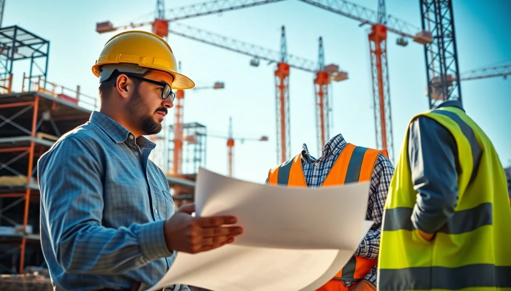 Manhattan General Contractor reviewing blueprints on an active construction site with a team.