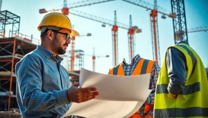 Manhattan General Contractor reviewing blueprints on an active construction site with a team.