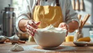 Mousseline cream being skillfully prepared by a professional chef in a bright kitchen.